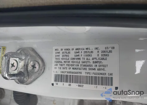 2009 Honda Accord 3.5 Ex-L из США, поврежденный, VIN 1HGCP36859A048755